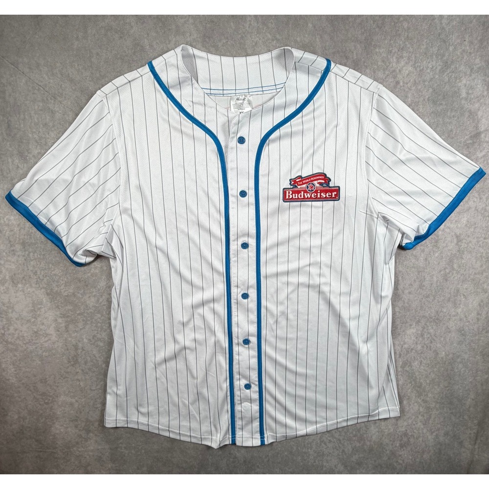 Budweiser Mens XXL Baseball Jersey White Blue Pinstripe King Of Beers 2025